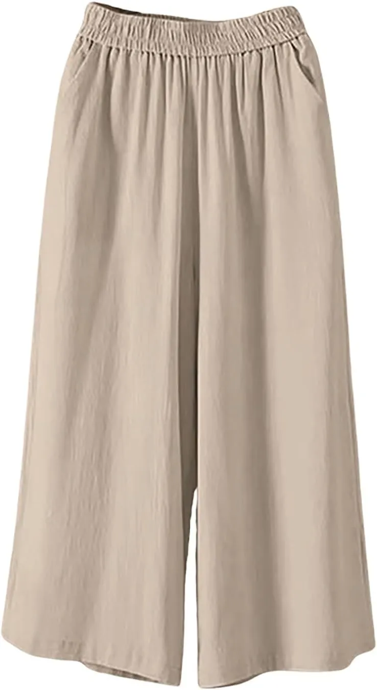 Capri Pants for Women Cotton Linen Summer Pants Wide Leg Pants Elastic Waist Pants Cropped Trouser with Pockets