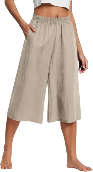 Capri Pants for Women Cotton Linen Summer Pants Wide Leg Pants Elastic Waist Pants Cropped Trouser with Pockets