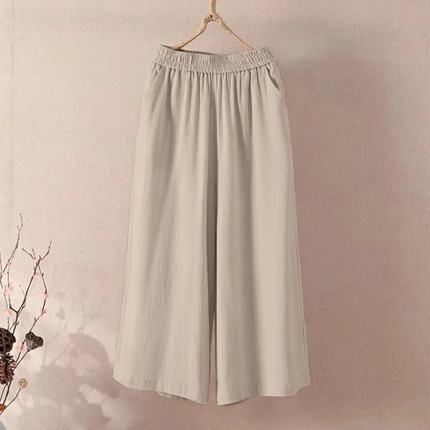 Capri Pants for Women Cotton Linen Summer Pants Wide Leg Pants Elastic Waist Pants Cropped Trouser with Pockets