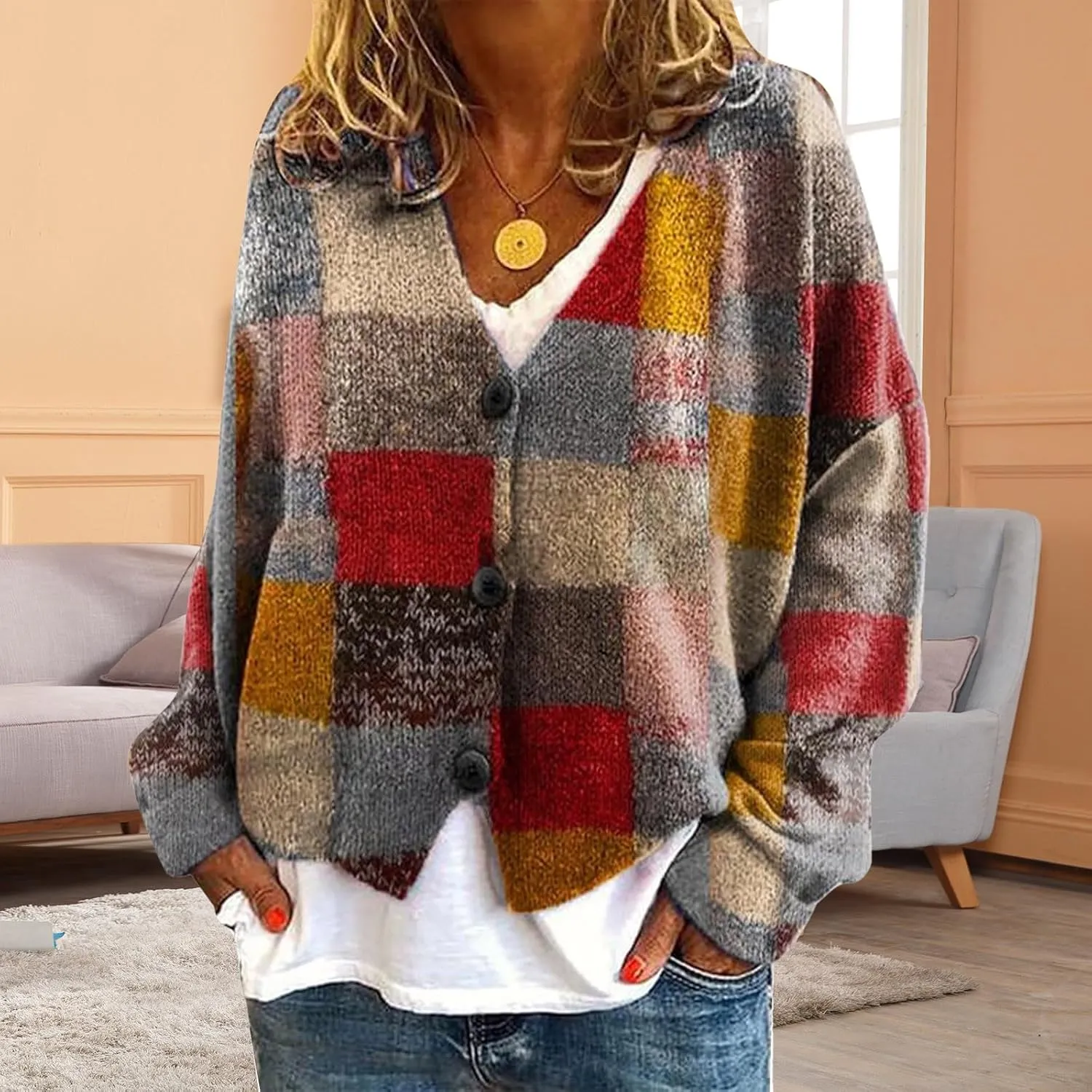 Cardigan Sweaters for Women Fall Casual Floral Printed Long Sleeve Button V-Neck Open Front Lightweight Loose Outwear