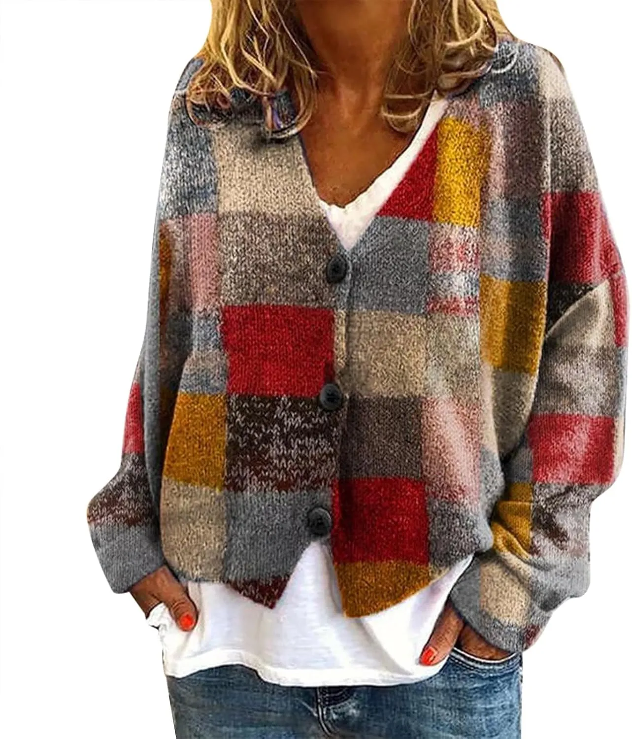 Cardigan Sweaters for Women Fall Casual Floral Printed Long Sleeve Button V-Neck Open Front Lightweight Loose Outwear