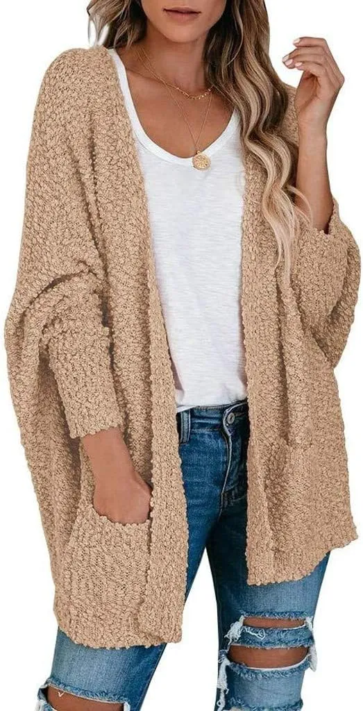 Cardigan Women's Long Oversized Open Front Sweater Popcorn Pockets Sleeve 4X Sweaters for Women Plus Size
