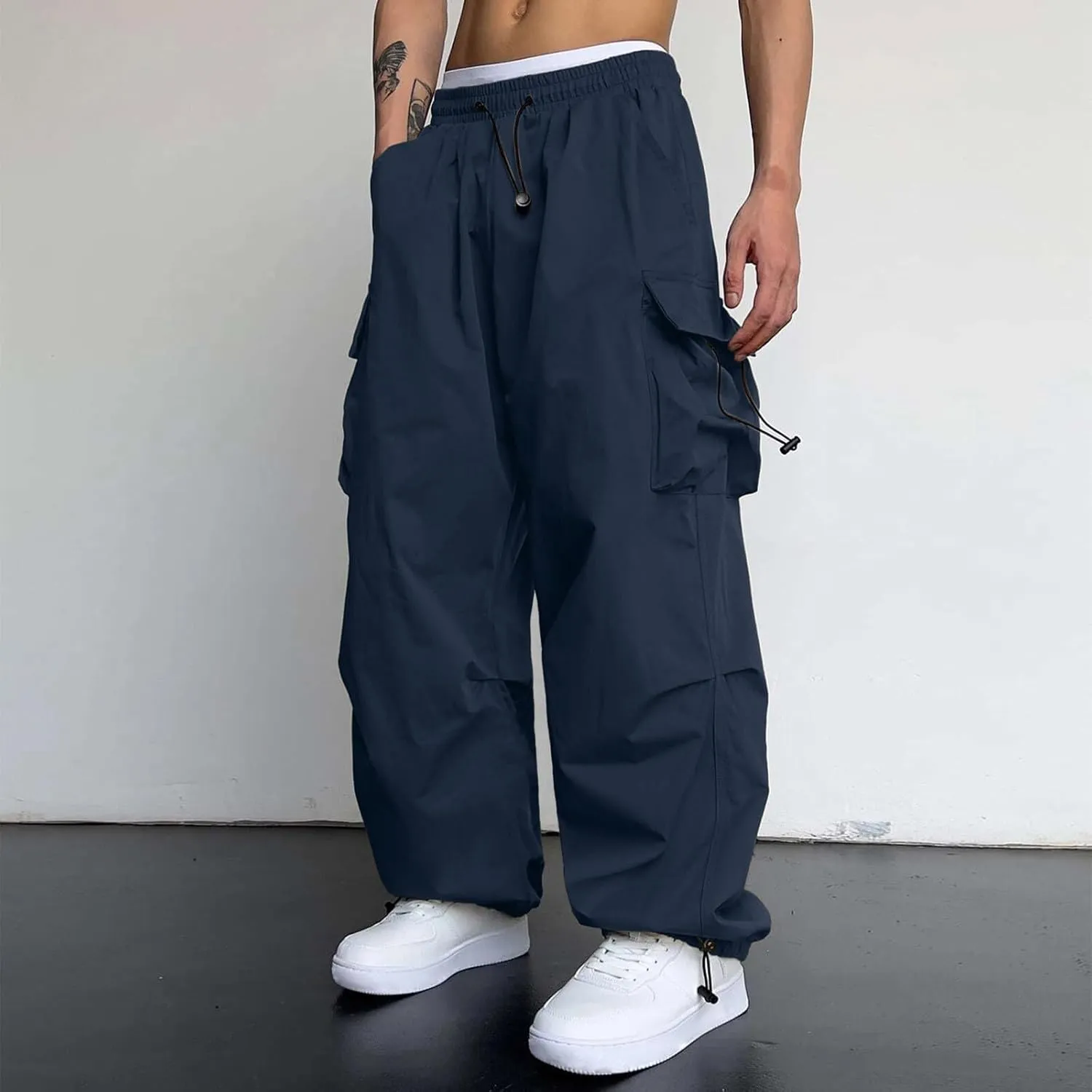 Cargo Pants Men Lightweight Casual Joggers Drawstring Waist Track Pants Multi Pockets