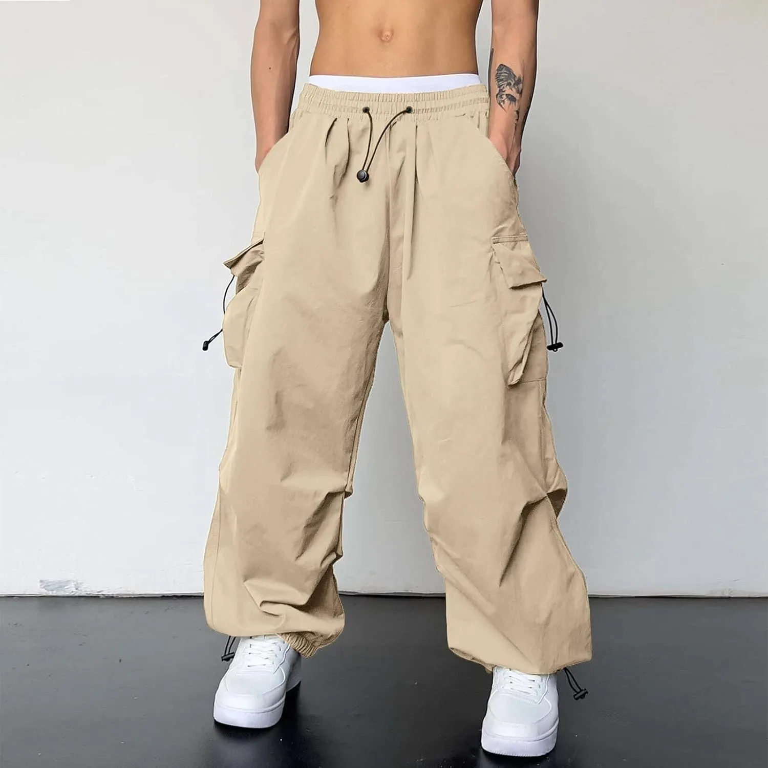Cargo Pants Men Lightweight Casual Joggers Drawstring Waist Track Pants Multi Pockets