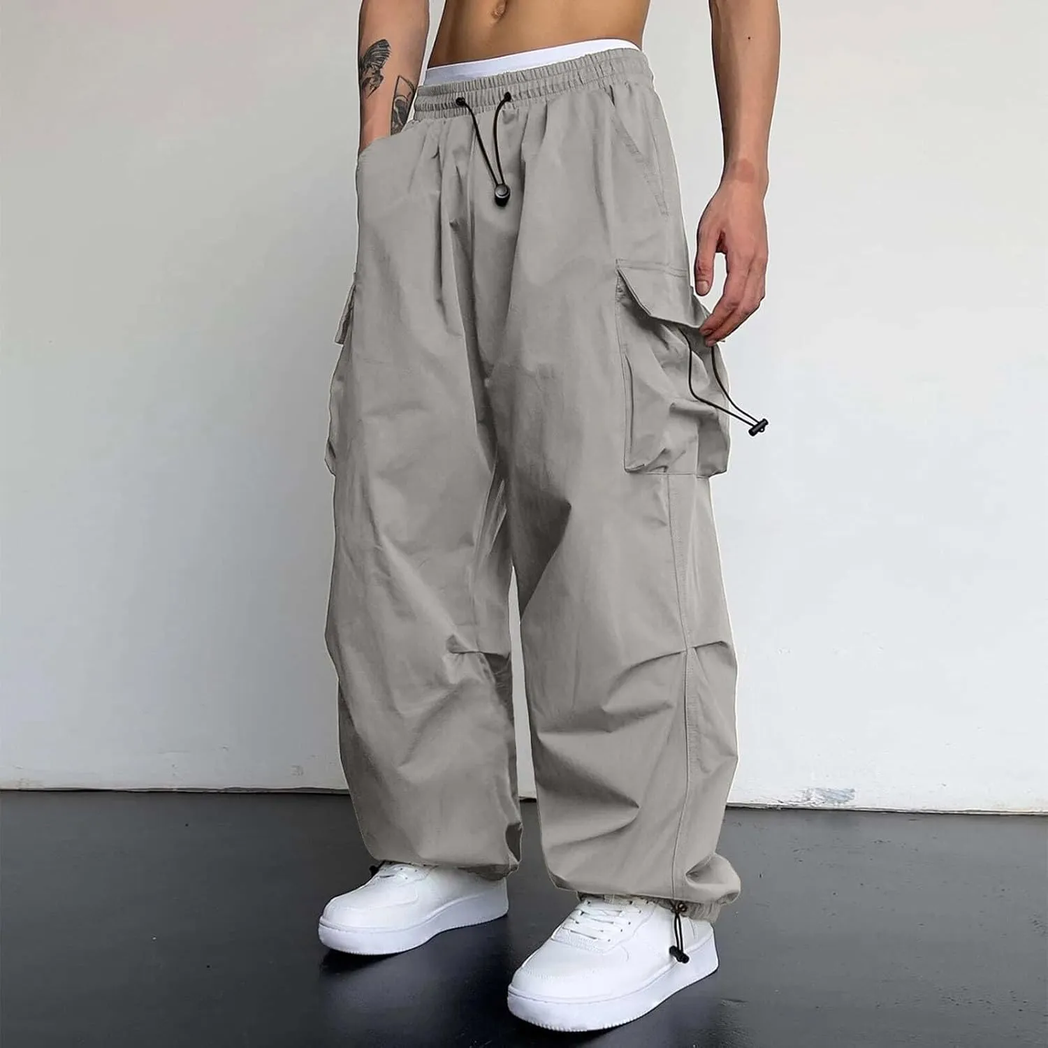 Cargo Pants Men Lightweight Casual Joggers Drawstring Waist Track Pants Multi Pockets