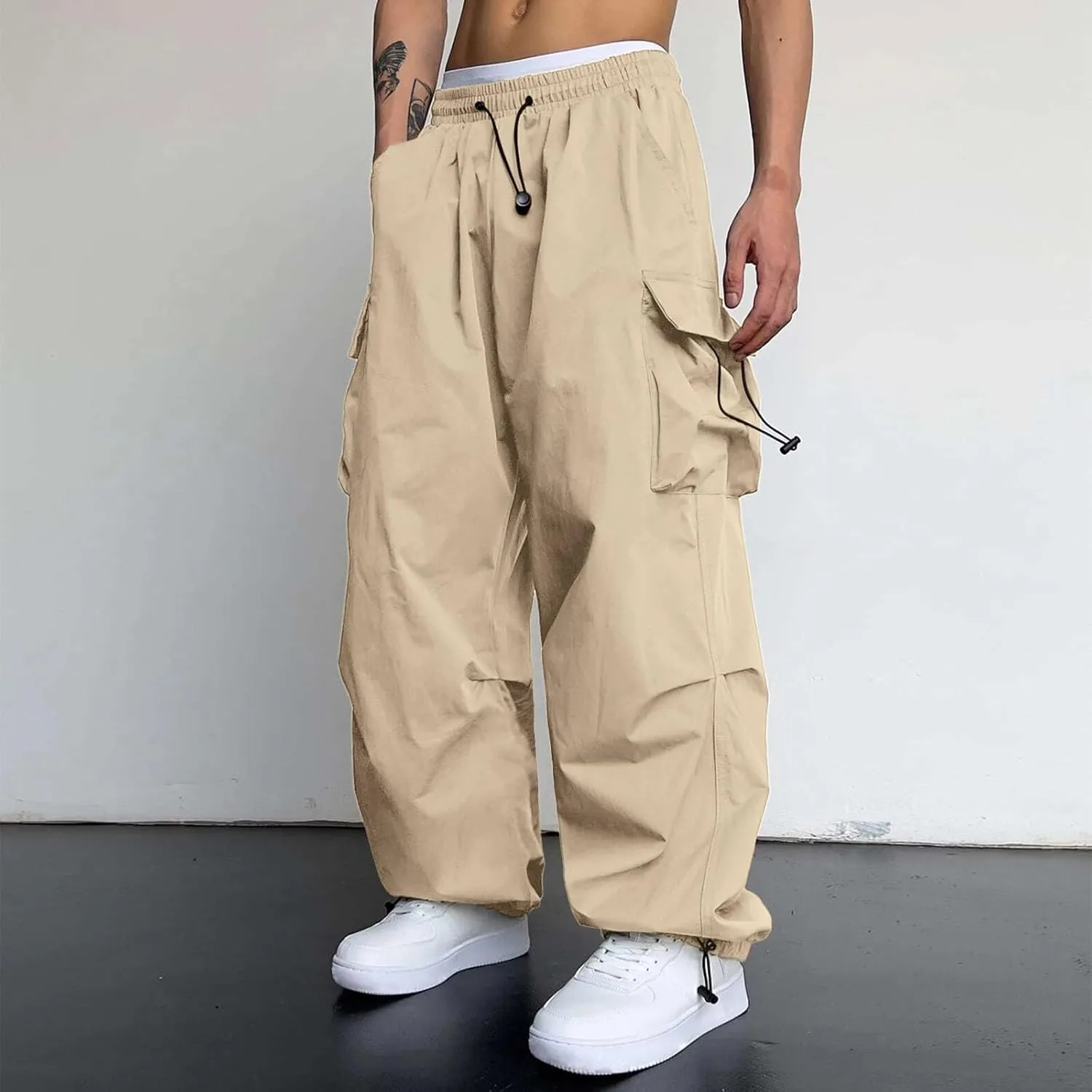 Cargo Pants Men Lightweight Casual Joggers Drawstring Waist Track Pants Multi Pockets