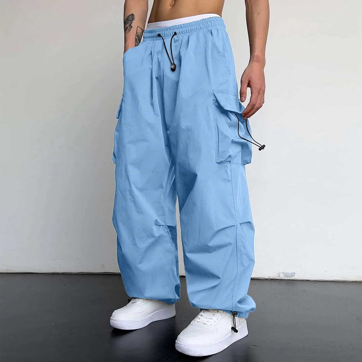 Cargo Pants Men Lightweight Casual Joggers Drawstring Waist Track Pants Multi Pockets