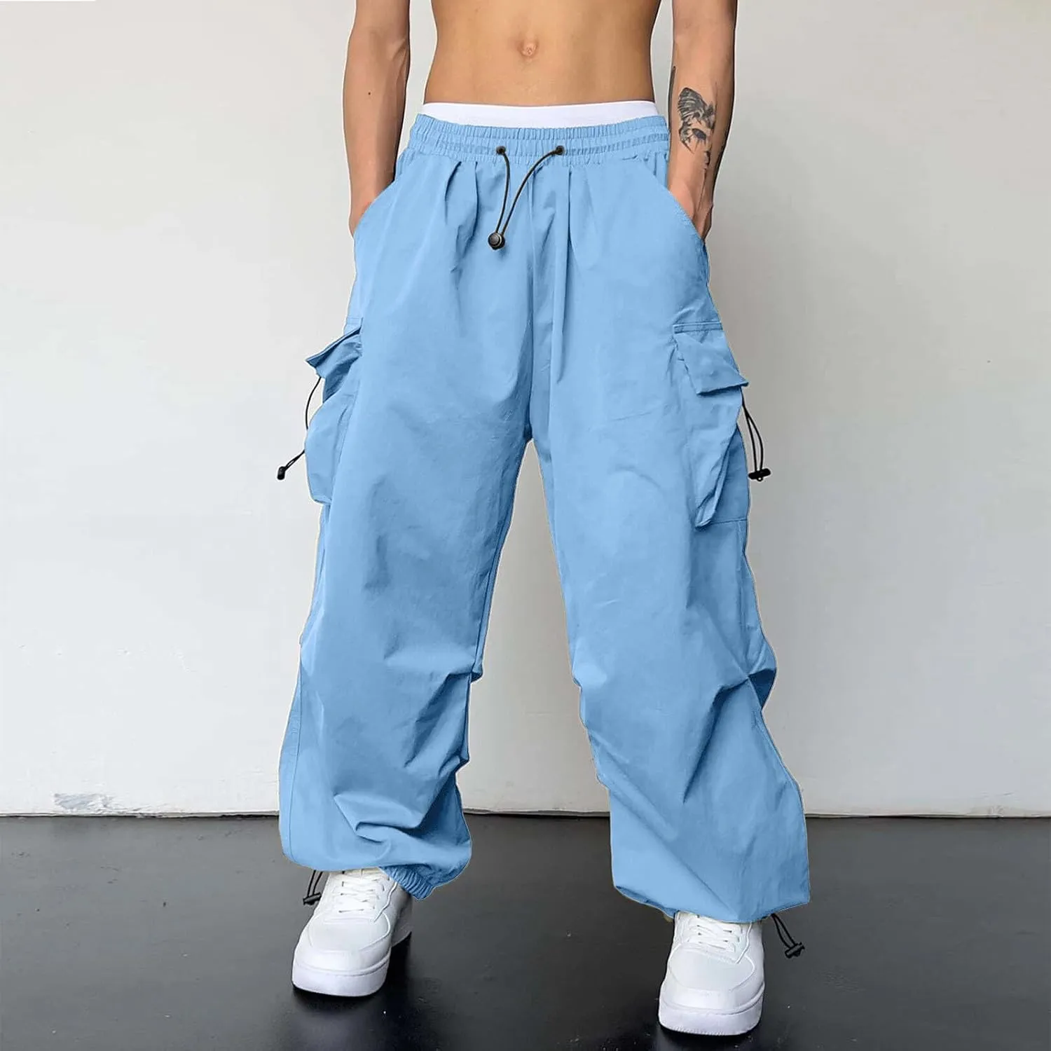 Cargo Pants Men Lightweight Casual Joggers Drawstring Waist Track Pants Multi Pockets