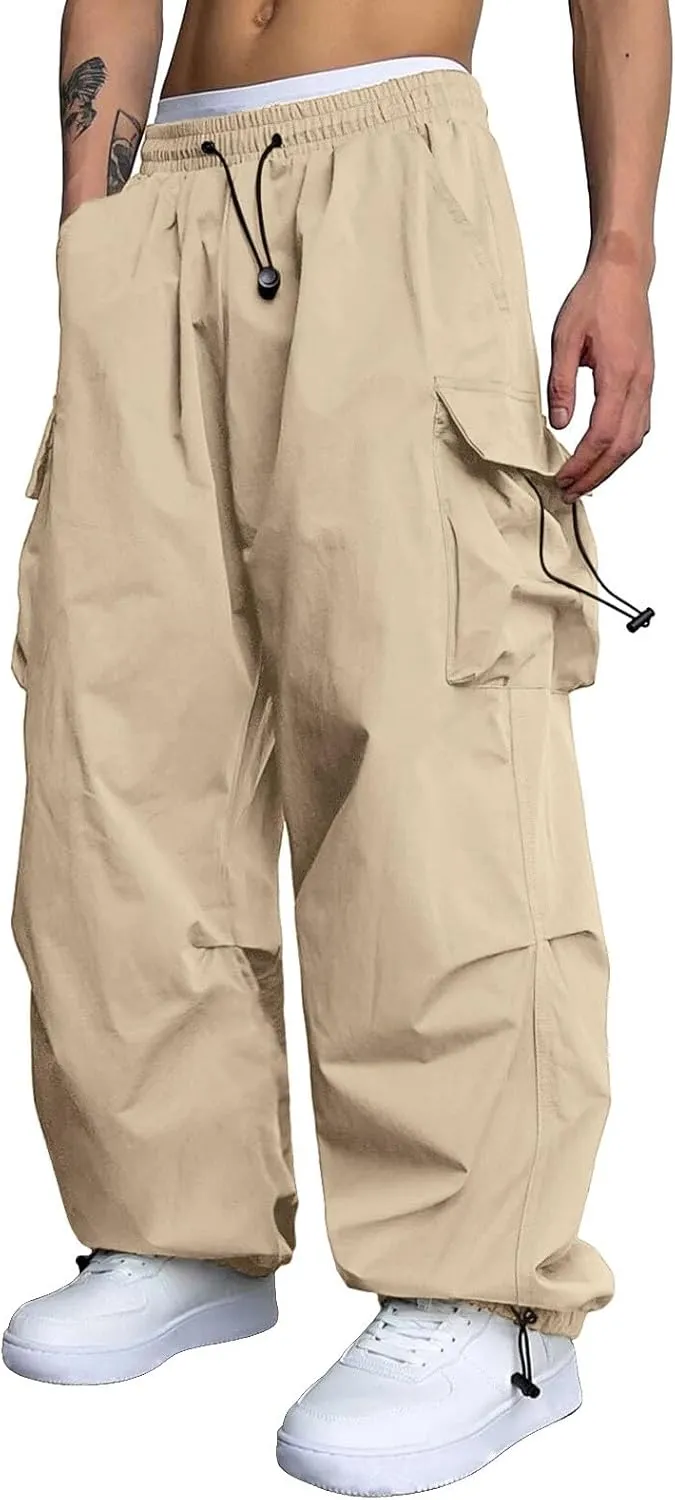 Cargo Pants Men Lightweight Casual Joggers Drawstring Waist Track Pants Multi Pockets