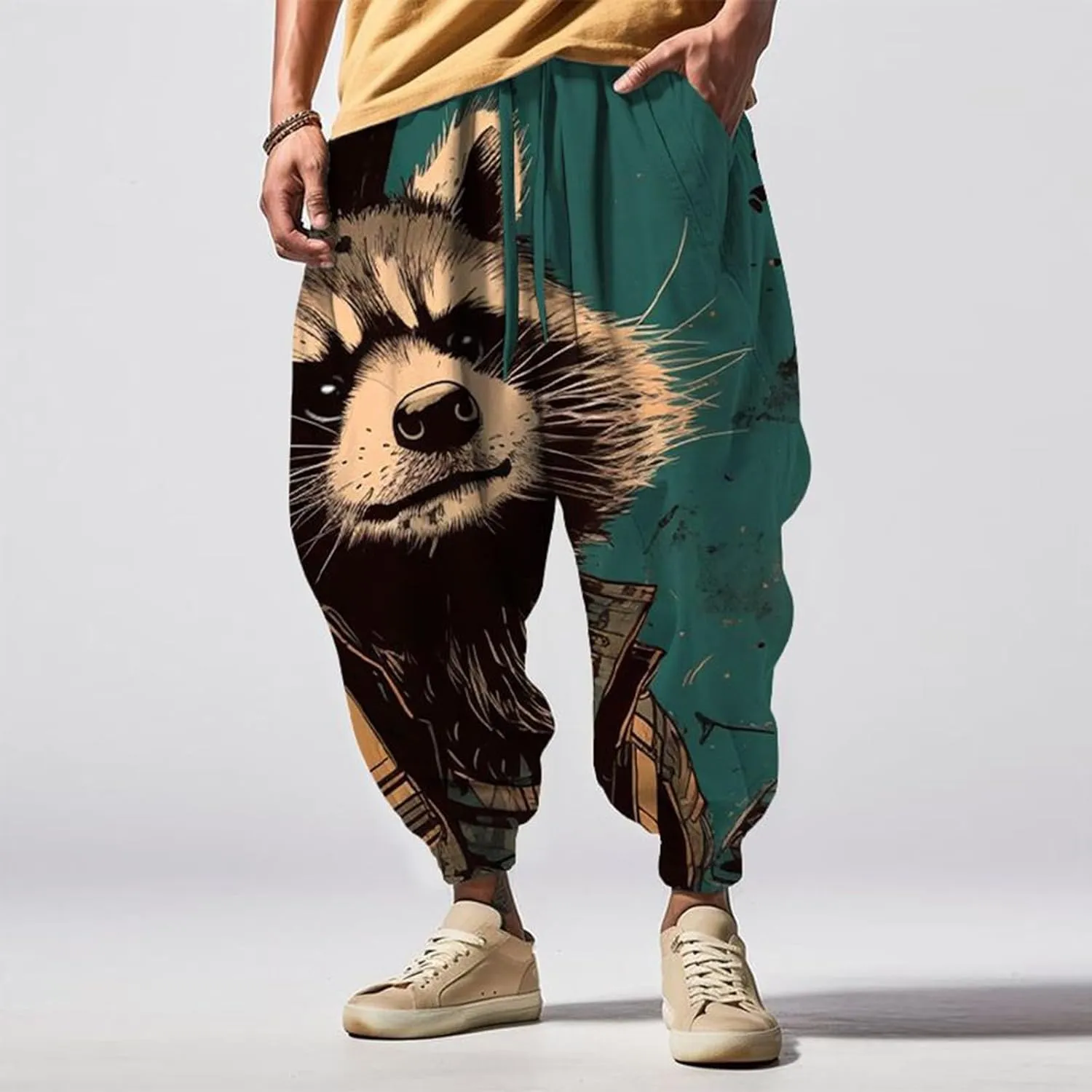 Casual Elastic Waist Trouser Hippie Yoga Pants Men's Autumn Fun Print Fashion Street Feel Cotton Drawstring Cargo