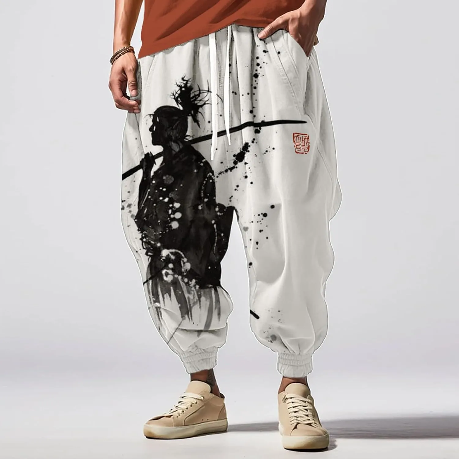 Casual Elastic Waist Trouser Hippie Yoga Pants Men's Autumn Fun Print Fashion Street Feel Cotton Drawstring Cargo