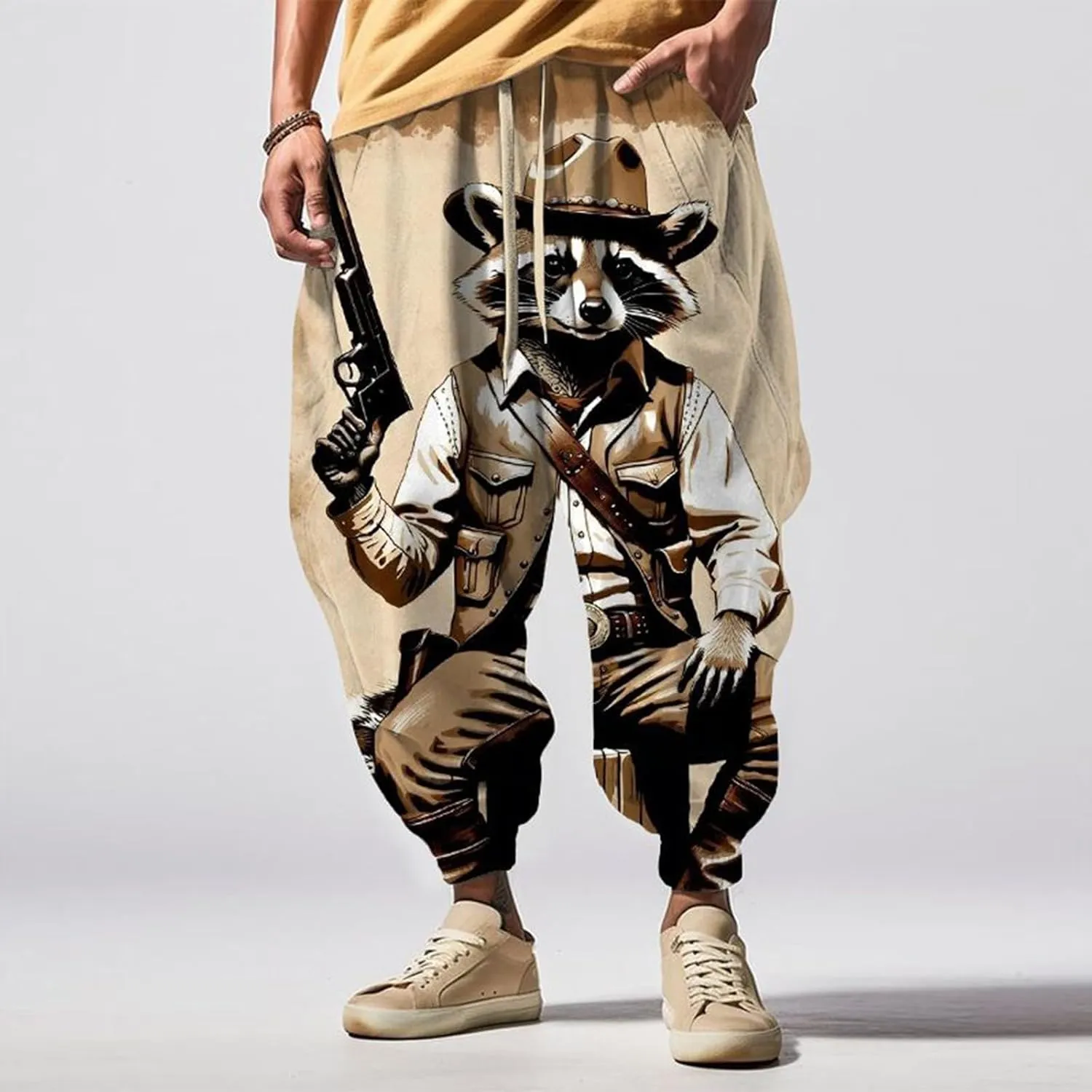 Casual Elastic Waist Trouser Hippie Yoga Pants Men's Autumn Fun Print Fashion Street Feel Cotton Drawstring Cargo