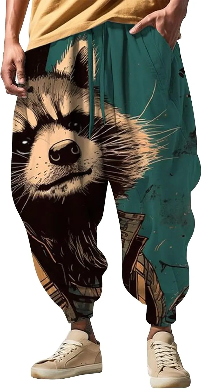Casual Elastic Waist Trouser Hippie Yoga Pants Men's Autumn Fun Print Fashion Street Feel Cotton Drawstring Cargo