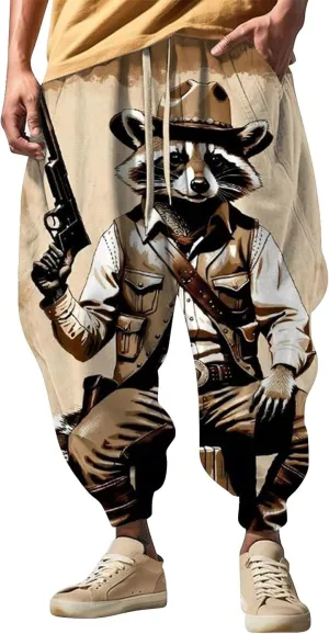 Casual Elastic Waist Trouser Hippie Yoga Pants Men's Autumn Fun Print Fashion Street Feel Cotton Drawstring Cargo