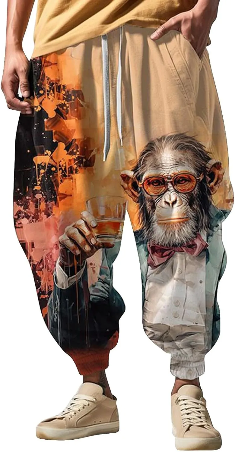 Casual Elastic Waist Trouser Hippie Yoga Pants Men's Autumn Fun Print Fashion Street Feel Cotton Drawstring Cargo