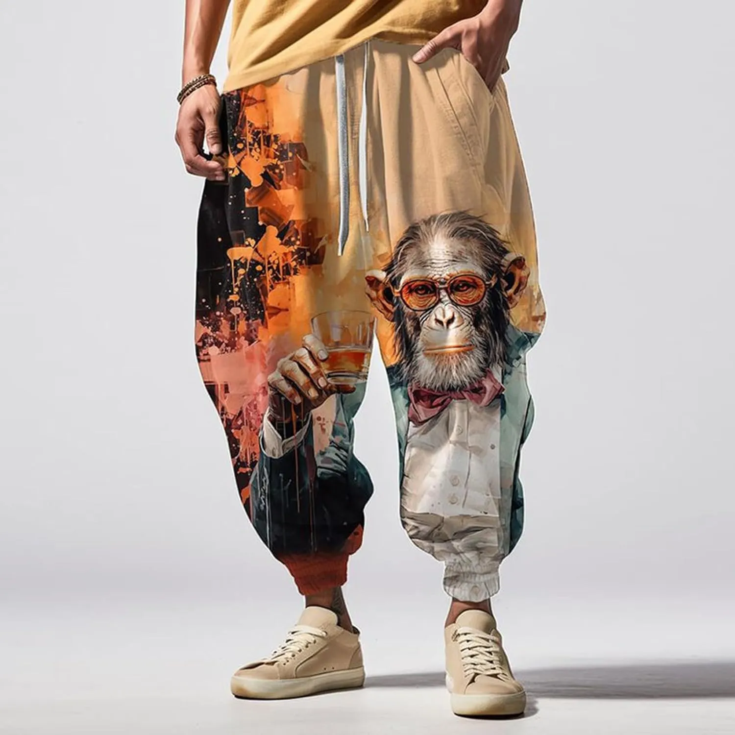 Casual Elastic Waist Trouser Hippie Yoga Pants Men's Autumn Fun Print Fashion Street Feel Cotton Drawstring Cargo