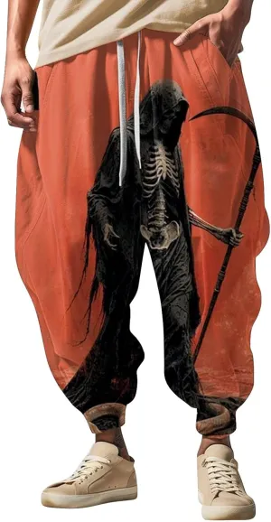 Casual Elastic Waist Trouser Hippie Yoga Pants Men's Autumn Fun Print Fashion Street Feel Cotton Drawstring Cargo