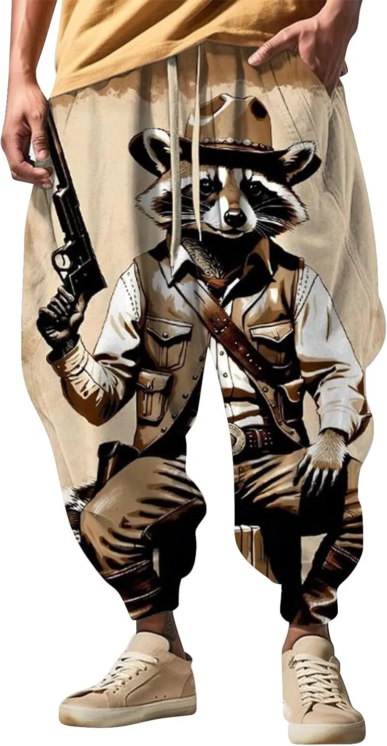 Casual Elastic Waist Trouser Hippie Yoga Pants Men's Autumn Fun Print Fashion Street Feel Cotton Drawstring Cargo