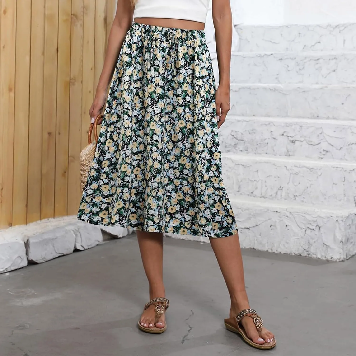 Casual Summer Skirts for Women Floral Midi Skirts Drawstring Elastic Waist Knee Length Skirt A Line Skirt with Pocket