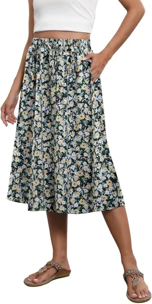 Casual Summer Skirts for Women Floral Midi Skirts Drawstring Elastic Waist Knee Length Skirt A Line Skirt with Pocket