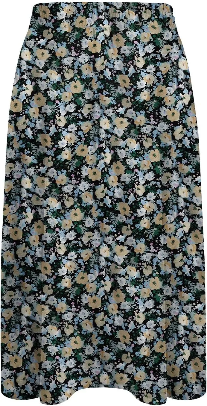Casual Summer Skirts for Women Floral Midi Skirts Drawstring Elastic Waist Knee Length Skirt A Line Skirt with Pocket