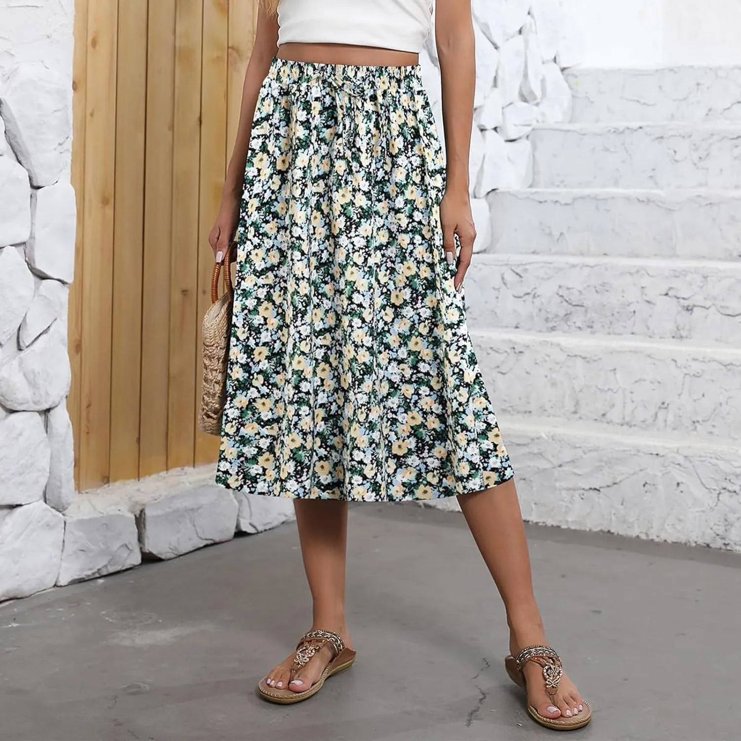 Casual Summer Skirts for Women Floral Midi Skirts Drawstring Elastic Waist Knee Length Skirt A Line Skirt with Pocket