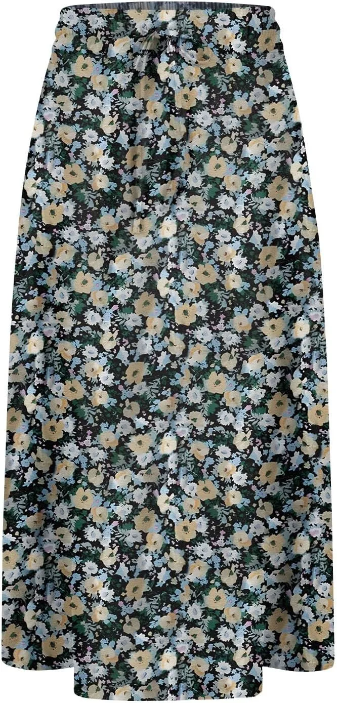 Casual Summer Skirts for Women Floral Midi Skirts Drawstring Elastic Waist Knee Length Skirt A Line Skirt with Pocket