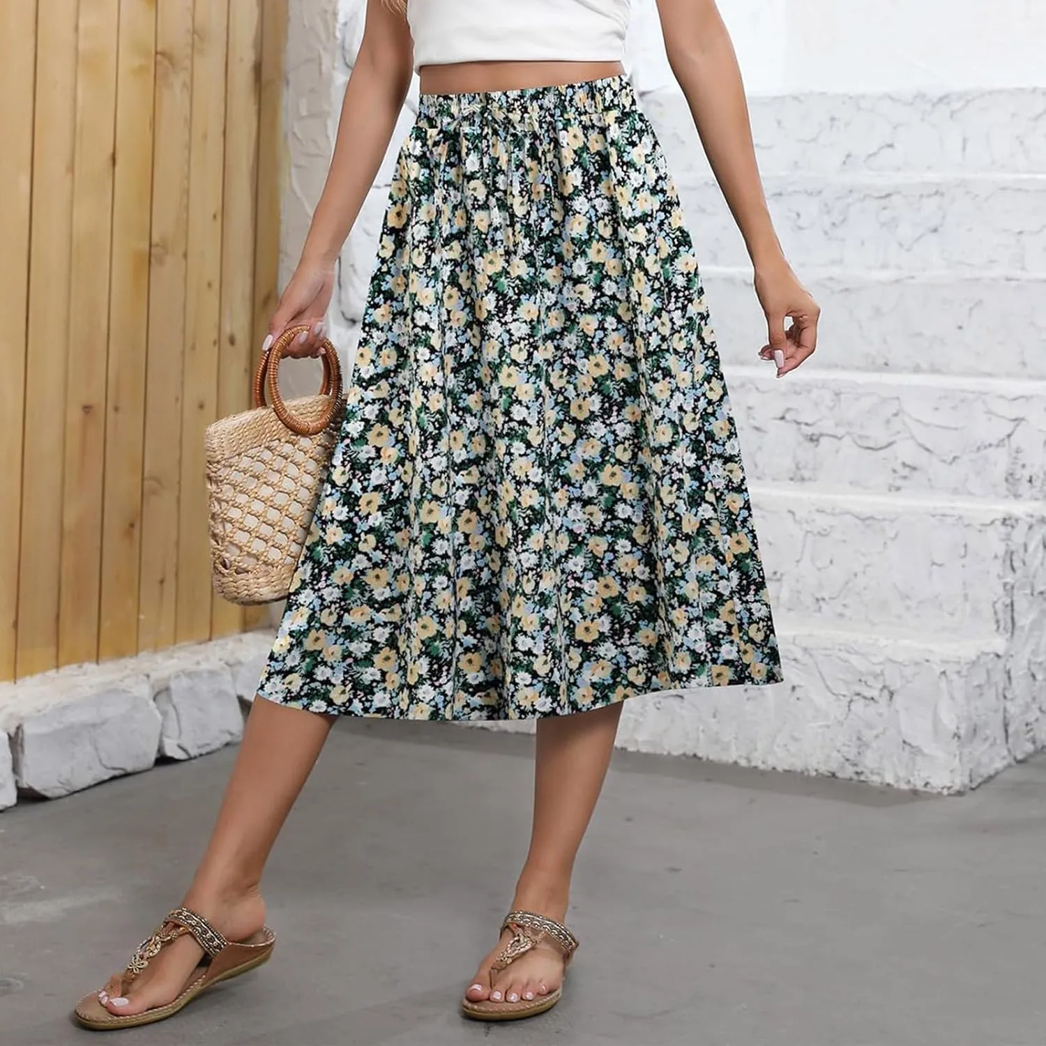 Casual Summer Skirts for Women Floral Midi Skirts Drawstring Elastic Waist Knee Length Skirt A Line Skirt with Pocket