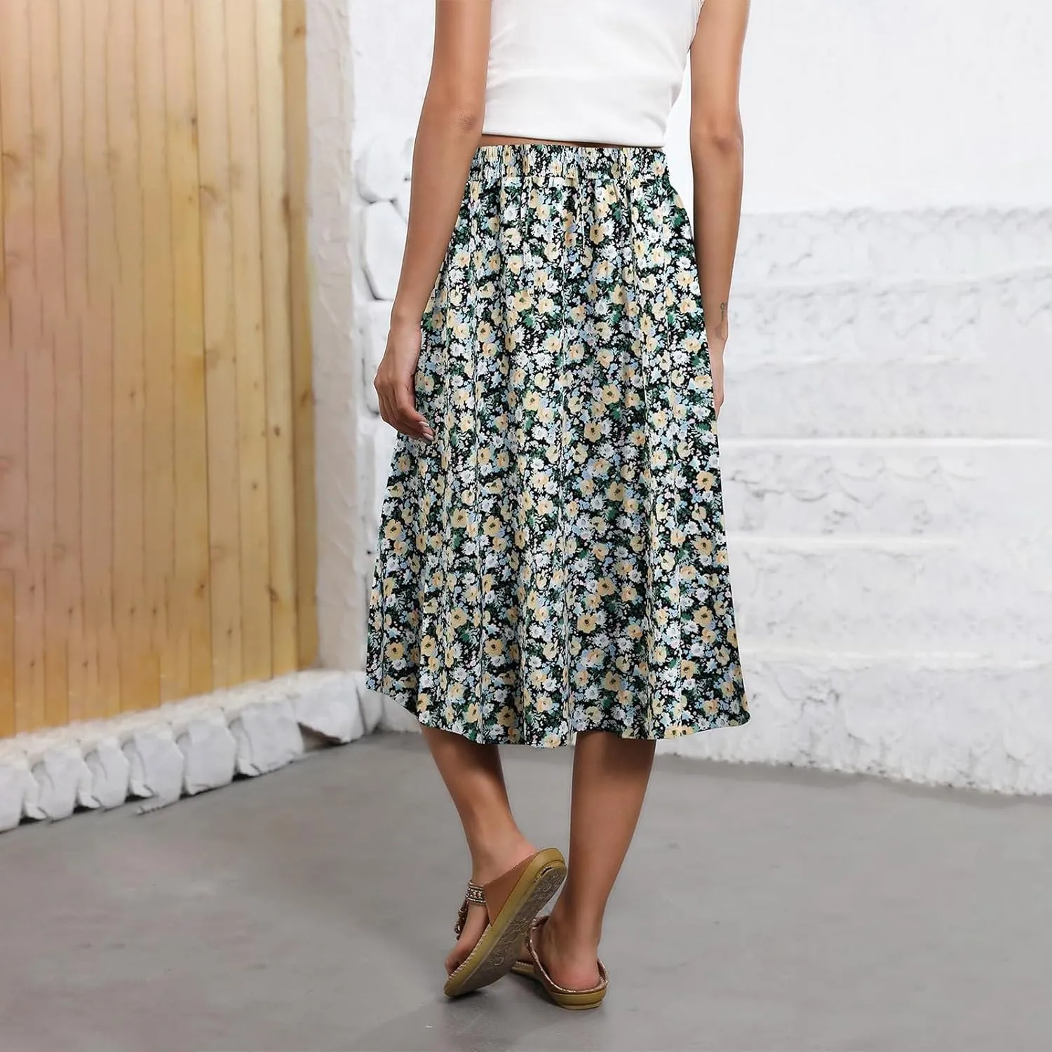 Casual Summer Skirts for Women Floral Midi Skirts Drawstring Elastic Waist Knee Length Skirt A Line Skirt with Pocket