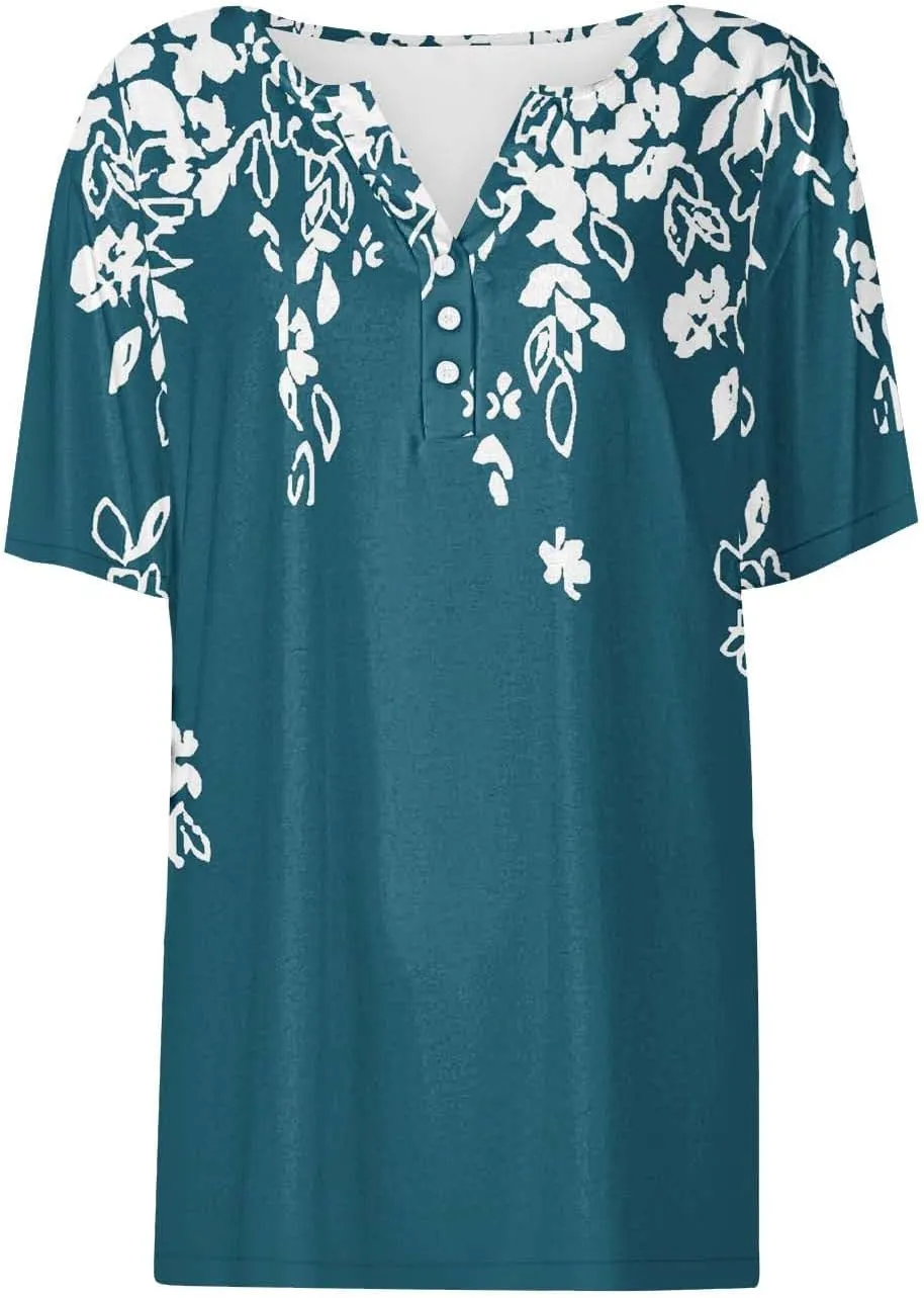 Ceboyel Women Floral Boho Summer Tops 2024 Short Sleeve Henley Shirts V Neck Blouses Tunic Trendy Fashion Vacation Clothes