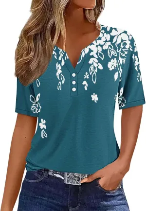 Ceboyel Women Floral Boho Summer Tops 2024 Short Sleeve Henley Shirts V Neck Blouses Tunic Trendy Fashion Vacation Clothes