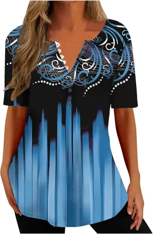 Ceboyel Women Floral Print Henley Shirts Button Down V Neck Sexy Causal Tops Short Sleeve Tunic Blouses Dressy Ladies Outfits