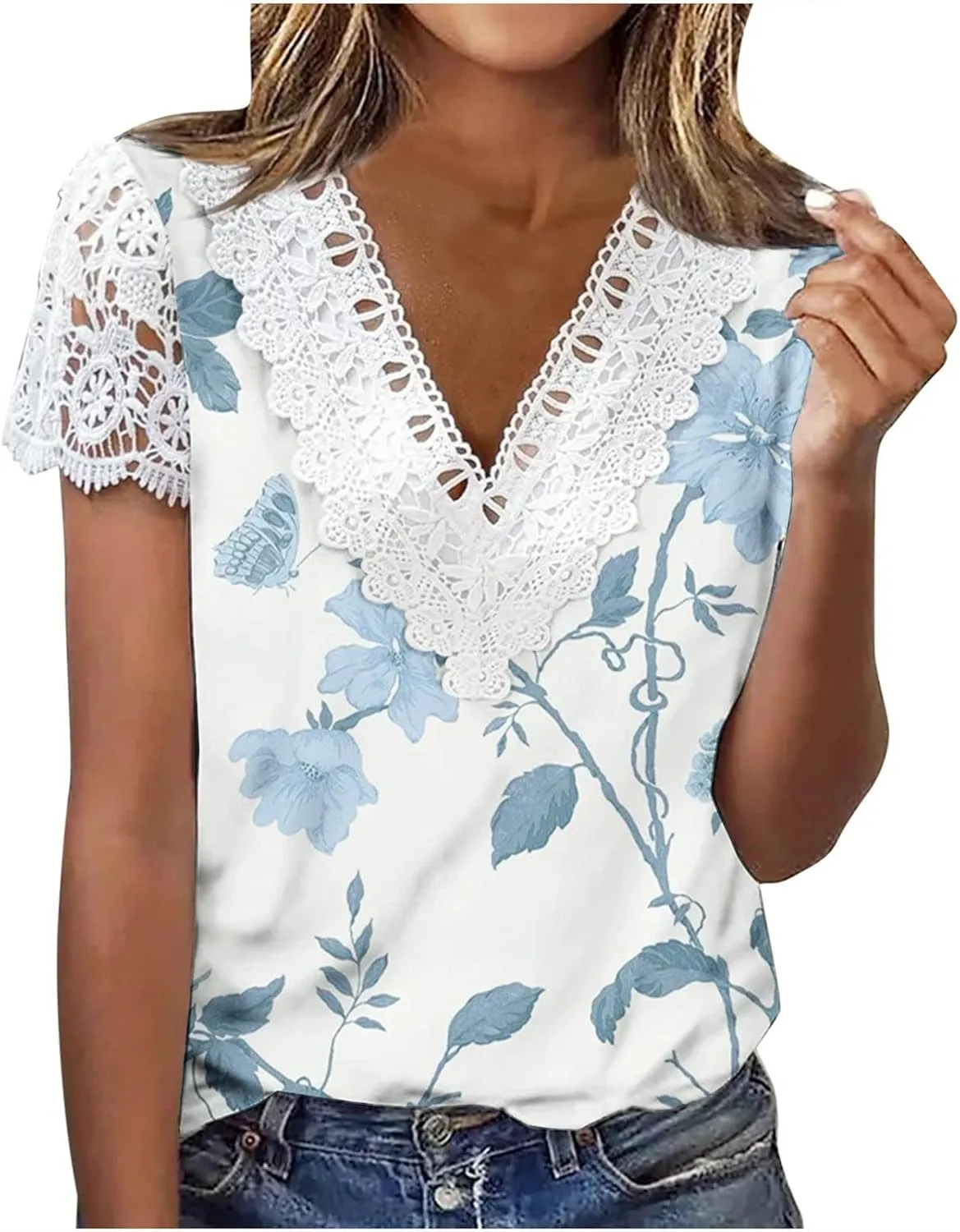 Ceboyel Women Guipure Lace Trim Boho Tops Floral Print Casual T Shirts Short Sleeve V Neck Dressy Blouse Going Out Clothing