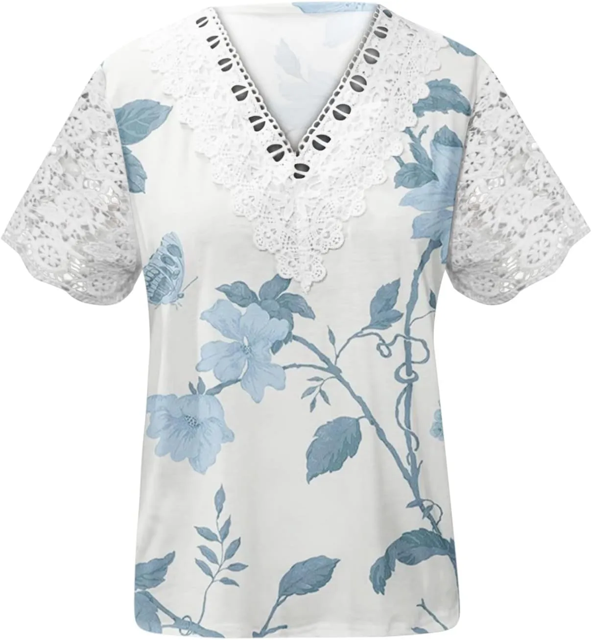 Ceboyel Women Guipure Lace Trim Boho Tops Floral Print Casual T Shirts Short Sleeve V Neck Dressy Blouse Going Out Clothing