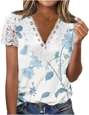 Ceboyel Women Guipure Lace Trim Boho Tops Floral Print Casual T Shirts Short Sleeve V Neck Dressy Blouse Going Out Clothing