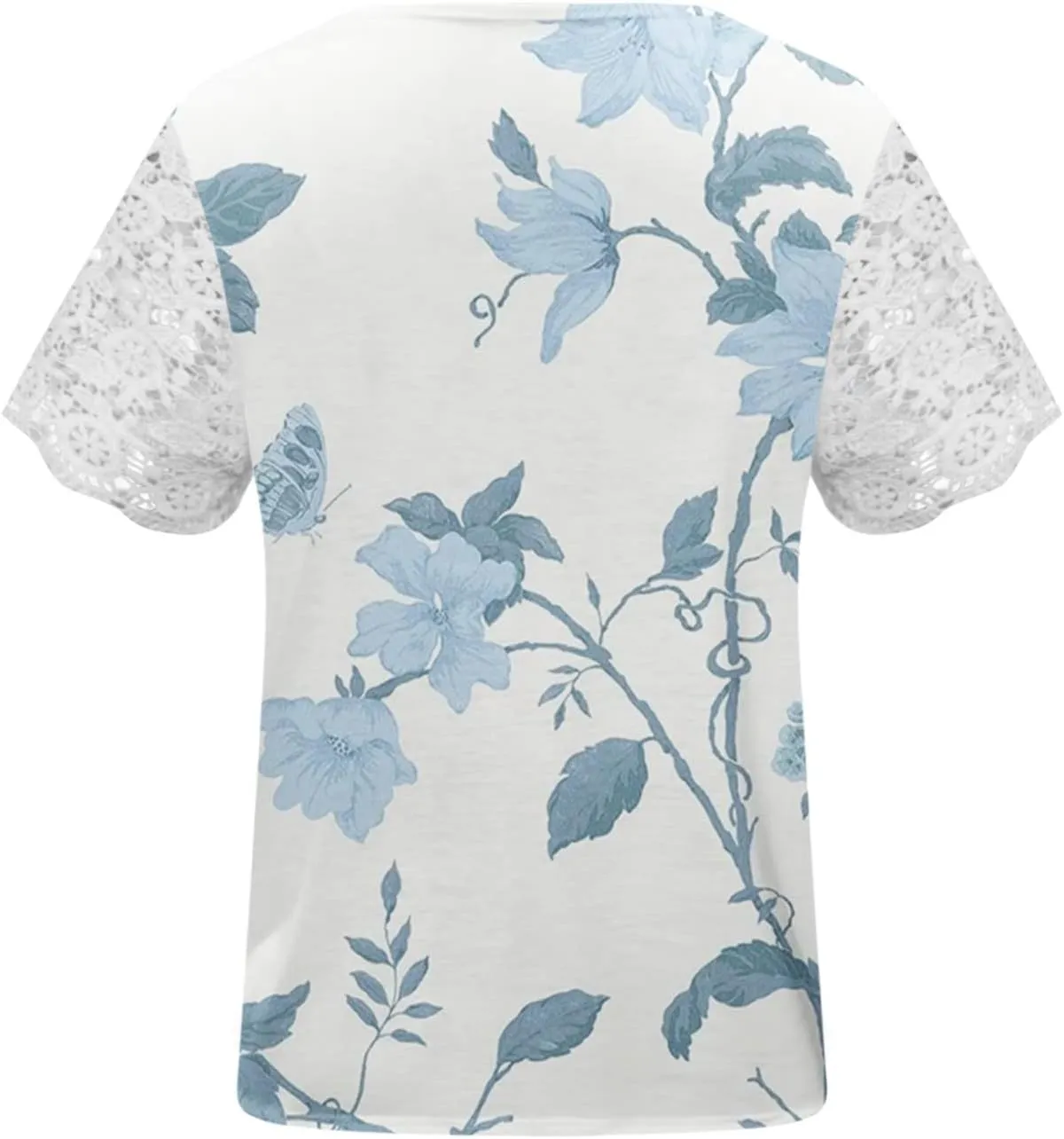 Ceboyel Women Guipure Lace Trim Boho Tops Floral Print Casual T Shirts Short Sleeve V Neck Dressy Blouse Going Out Clothing