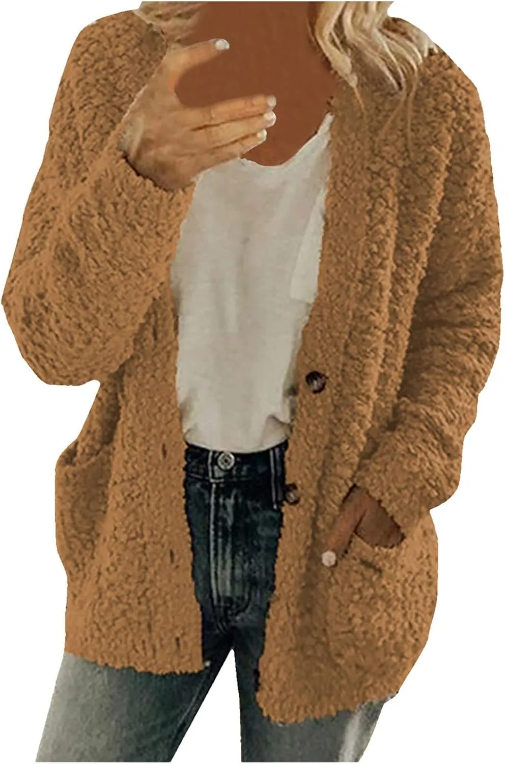 Ceboyel Women Sherpa Fleece Jacket Shearling Teddy Coats Fuzzy Casual Cardigan Trendy Winter Outerwear Outfits 2023