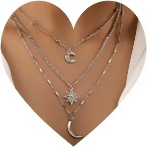Celestial Layered Necklace, Silver Chain with Crystal Moon and Star Pendants, 3-Strand Design