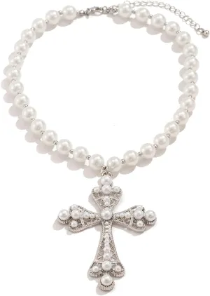 Chunky Pearl Cross Necklace for Women Vintage Silver Gothic Pearl Cross Pendants Necklaces