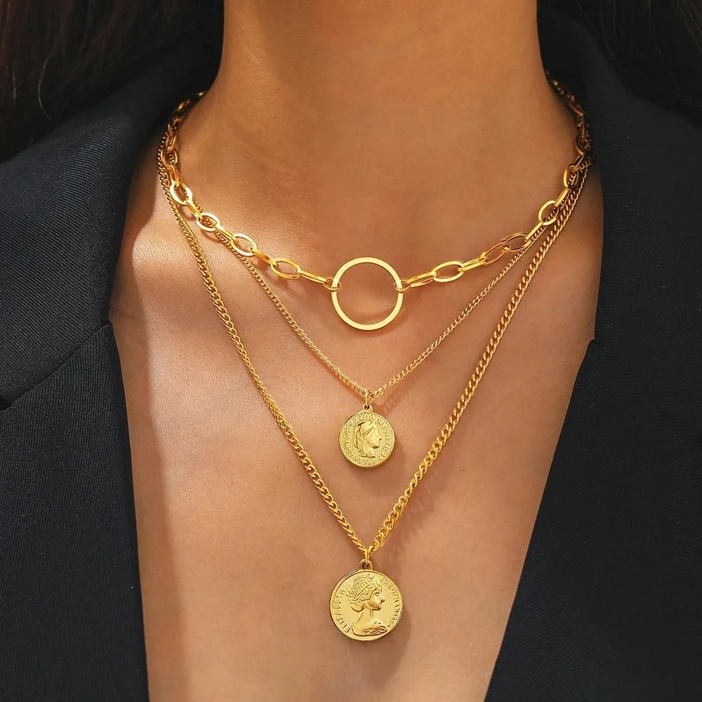 Coin Pendants Layer Chain Hip Hop Necklace CStainless Steel Necklace For Women Jewelry