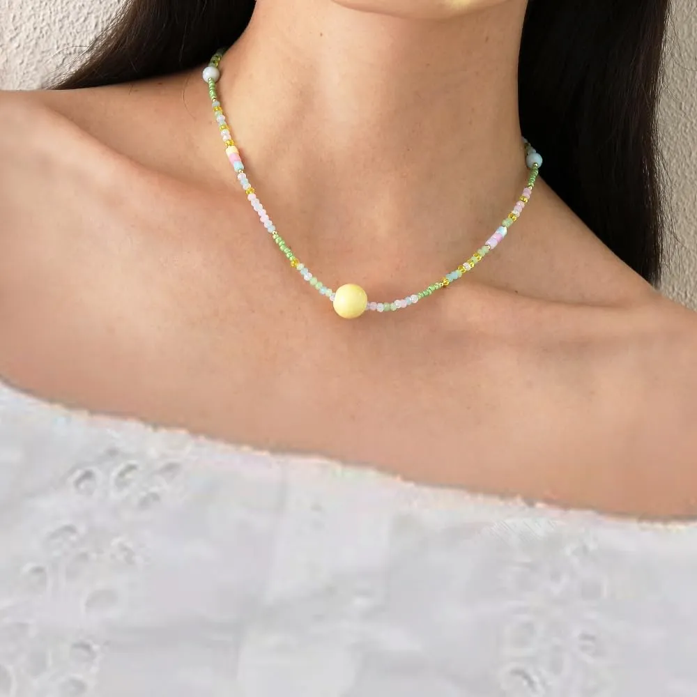 Colorful Beaded Necklaces for Women Crystal Bead Necklace Beach Necklaces Boho Necklaces for Women Pearl Beaded Choker Necklace Stainless Steel 18K Gold Plated Choker