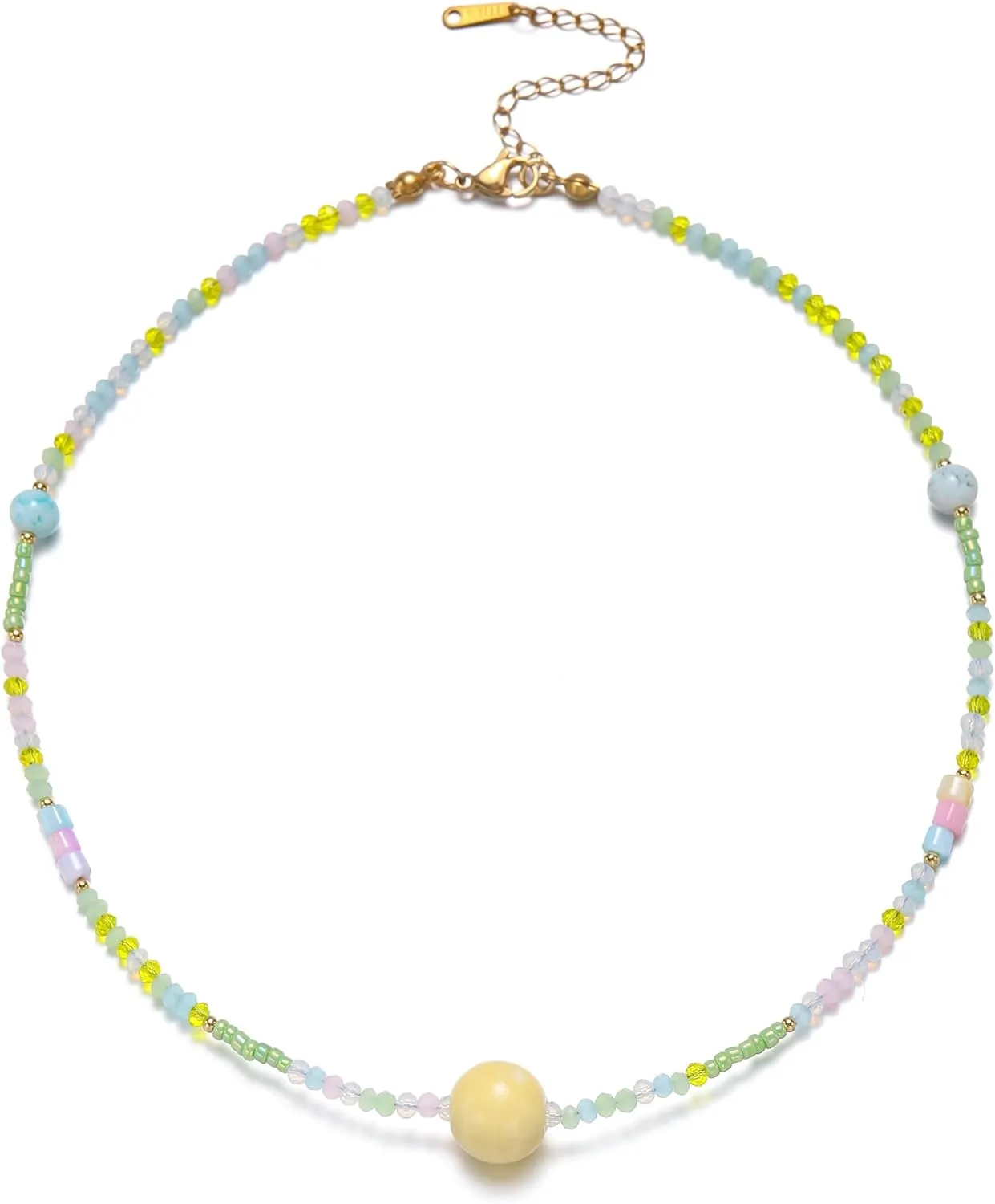 Colorful Beaded Necklaces for Women Crystal Bead Necklace Beach Necklaces Boho Necklaces for Women Pearl Beaded Choker Necklace Stainless Steel 18K Gold Plated Choker