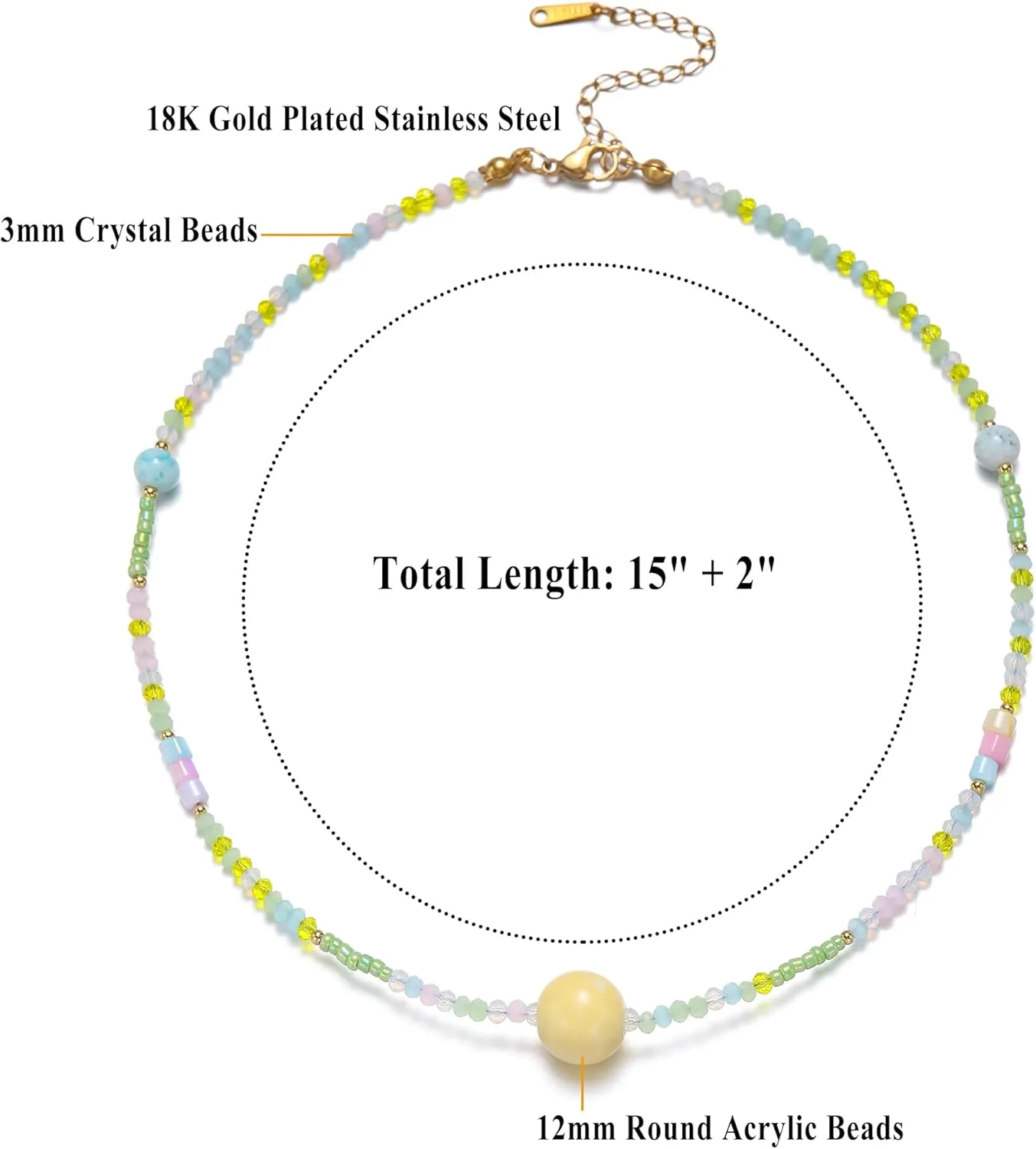 Colorful Beaded Necklaces for Women Crystal Bead Necklace Beach Necklaces Boho Necklaces for Women Pearl Beaded Choker Necklace Stainless Steel 18K Gold Plated Choker