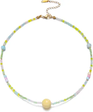 Colorful Beaded Necklaces for Women Crystal Bead Necklace Beach Necklaces Boho Necklaces for Women Pearl Beaded Choker Necklace Stainless Steel 18K Gold Plated Choker