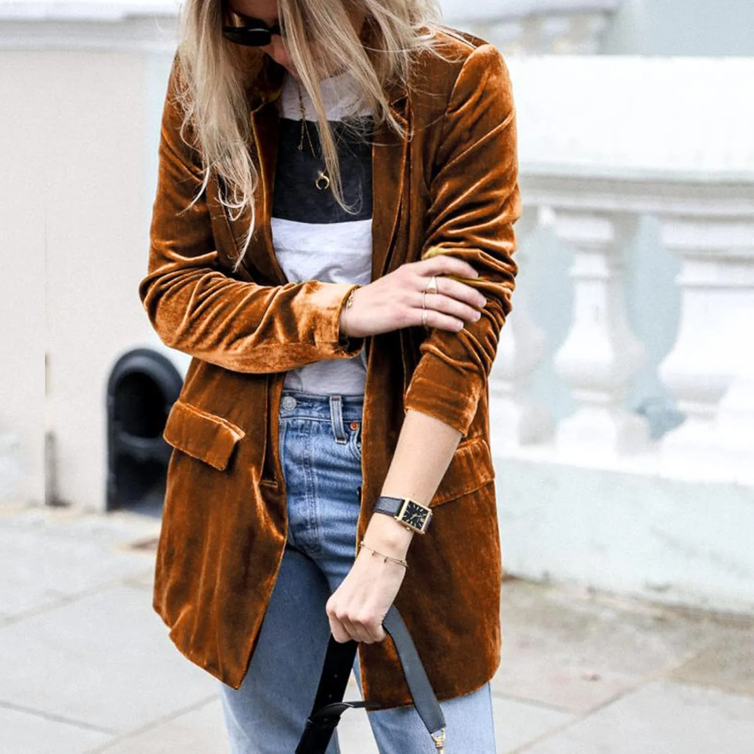 cooki Velvet Blazer Jackets for Women Velvet Trench Coat Open Front Cardigan with Pockets Long Lapel Winter Velvet Soft Coat