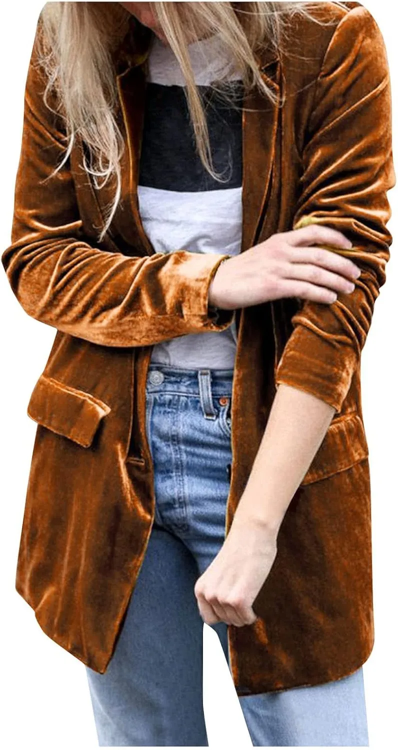 cooki Velvet Blazer Jackets for Women Velvet Trench Coat Open Front Cardigan with Pockets Long Lapel Winter Velvet Soft Coat