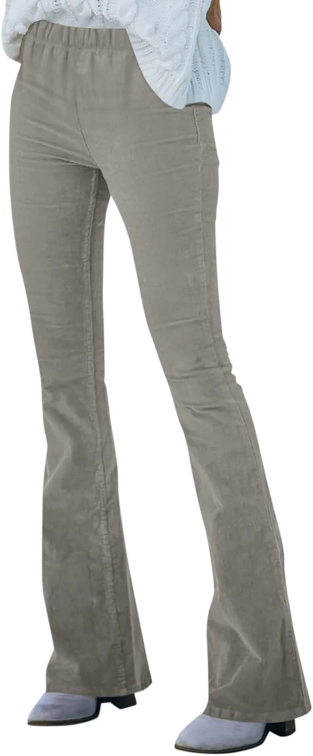 Corduroy Pants Women Casual Elastic High Waisted Flare Pants Bell Bottom Comfy Work Pants Cord Trousers Pants