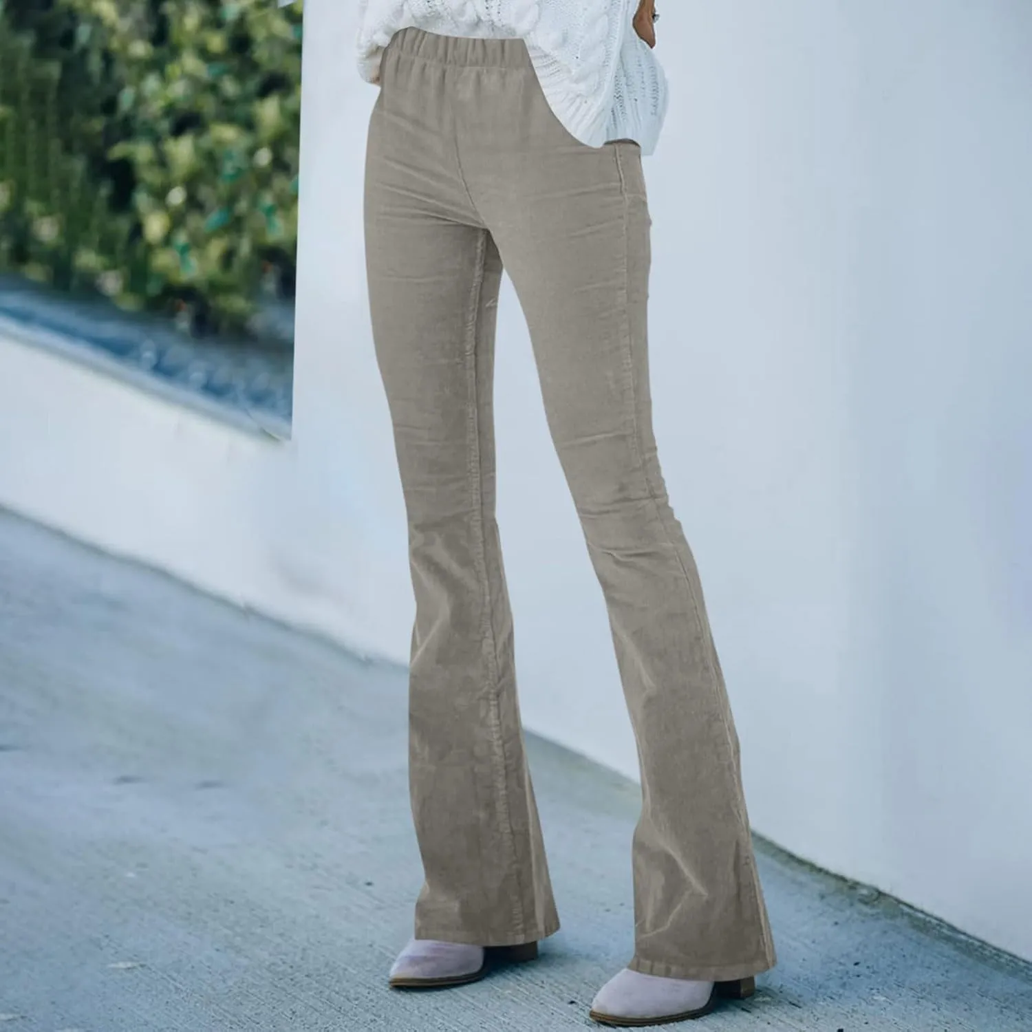 Corduroy Pants Women Casual Elastic High Waisted Flare Pants Bell Bottom Comfy Work Pants Cord Trousers Pants