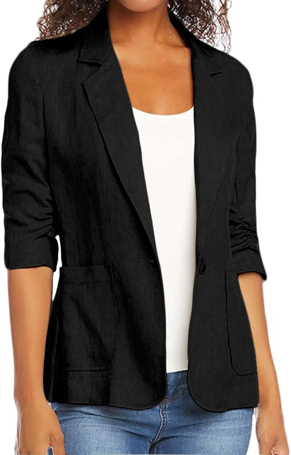 Cotton Linen Blazer Women 3/4 Stretchy Ruched Sleeve Fully Lined Boyfriend Lightweight Breathable Casual Work Jacket
