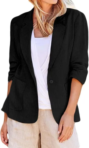 Cotton Linen Blazer Women 3/4 Stretchy Ruched Sleeve Fully Lined Boyfriend Lightweight Breathable Casual Work Jacket